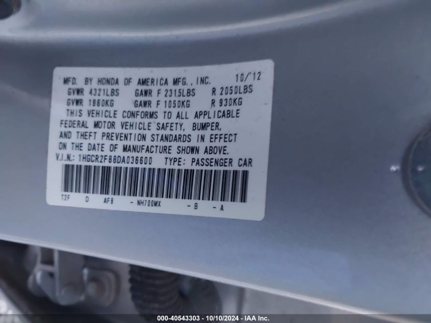 1HGCR2F88DA036600 2013 Honda Accord Ex-L