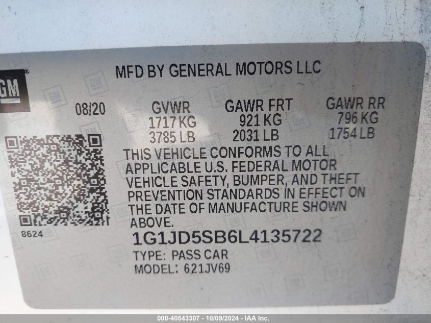 1G1JD5SB6L4135722 2020 Chevrolet Sonic Lt