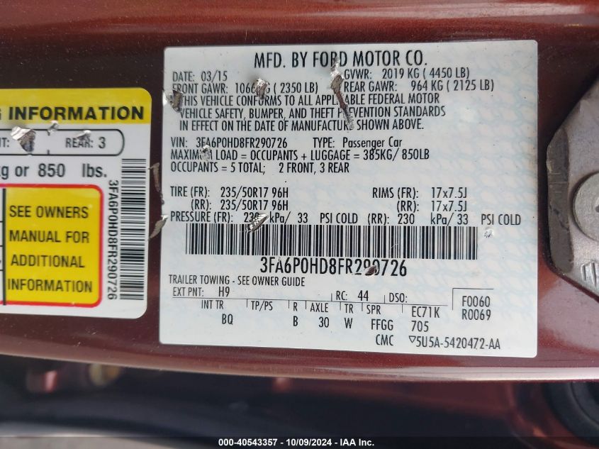 2015 FORD FUSION SE - 3FA6P0HD8FR290726