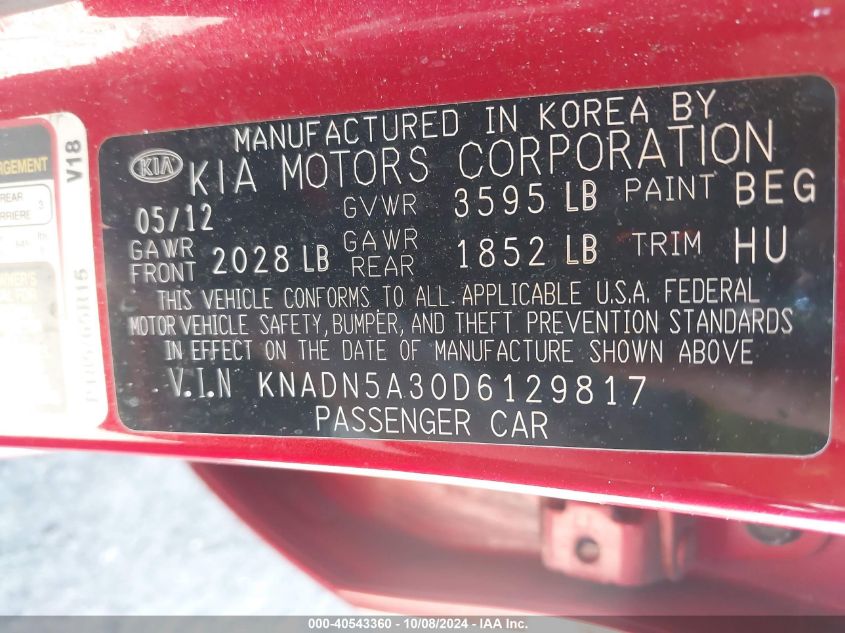 KNADN5A30D6129817 2013 Kia Rio Ex