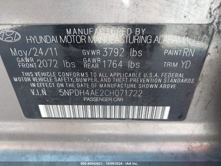 5NPDH4AE2CH071722 2012 Hyundai Elantra Gls