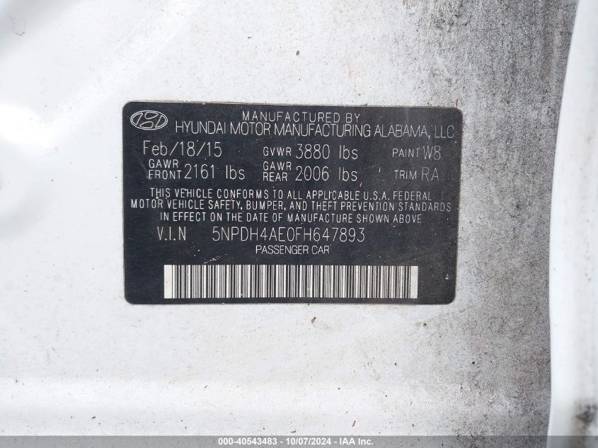 5NPDH4AE0FH647893 2015 Hyundai Elantra Se