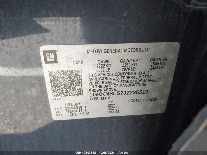 1GKKNSLS7JZ236519 2018 GMC Acadia Sle