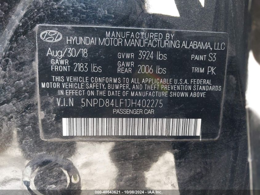 5NPD84LF1JH402275 2018 Hyundai Elantra Sel/Value/Limited