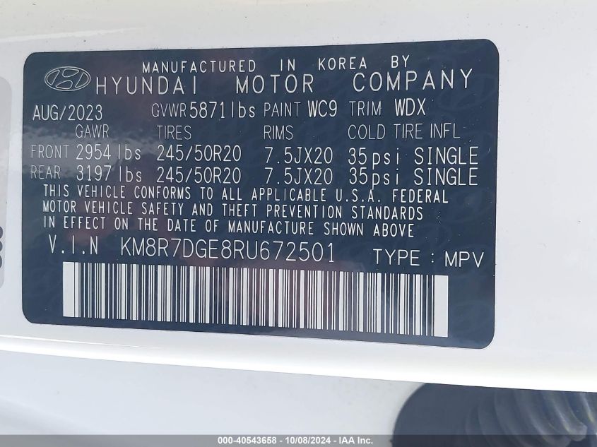 2024 Hyundai Palisade Calligraphy VIN: KM8R7DGE8RU672501 Lot: 40543658