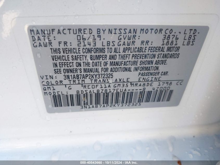 3N1AB7AP2KY372325 2019 Nissan Sentra S