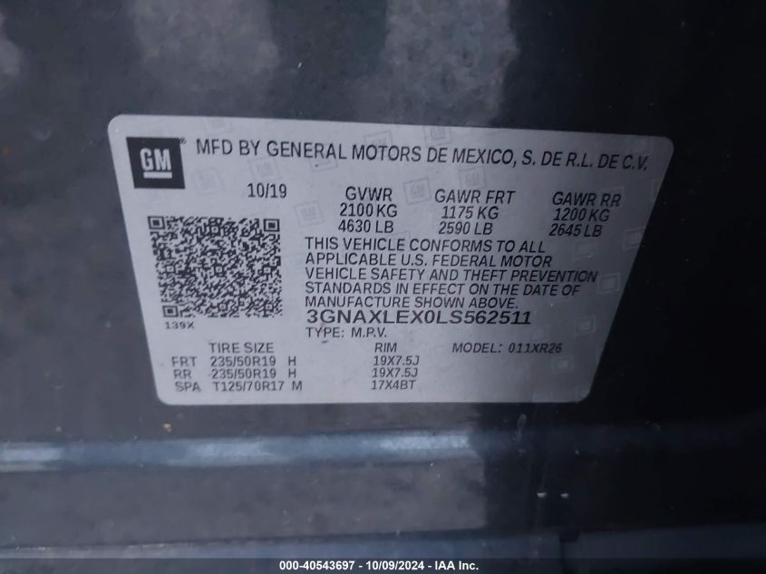 3GNAXLEX0LS562511 2020 Chevrolet Equinox Lt