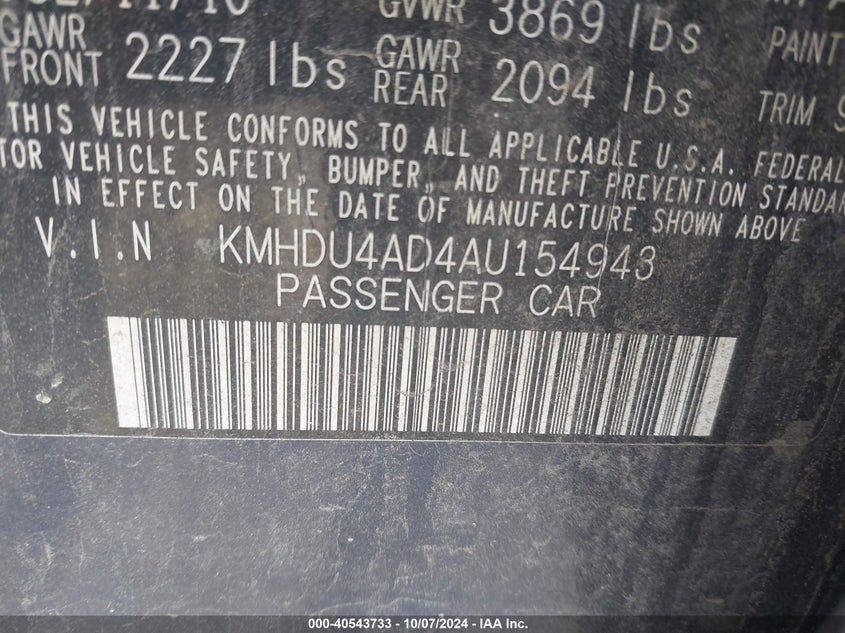 KMHDU4AD4AU154943 2010 Hyundai Elantra Gls