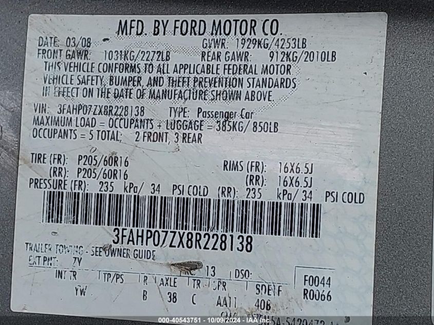 2008 Ford Fusion Se VIN: 3FAHP07ZX8R228138 Lot: 40543751