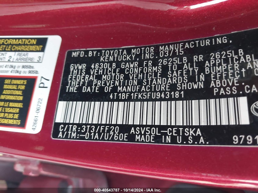 2015 TOYOTA CAMRY SE - 4T1BF1FK5FU943181