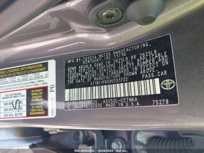 2017 TOYOTA CAMRY LE - 4T1BF1FK5HU701722