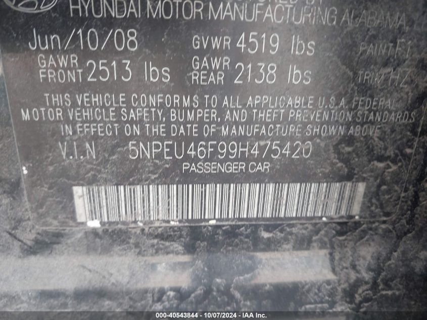 5NPEU46F99H475420 2009 Hyundai Sonata Se V6