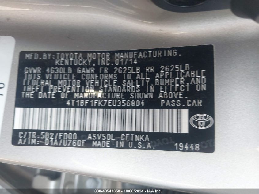 4T1BF1FK7EU356804 2014 Toyota Camry L/Se/Le/Xle