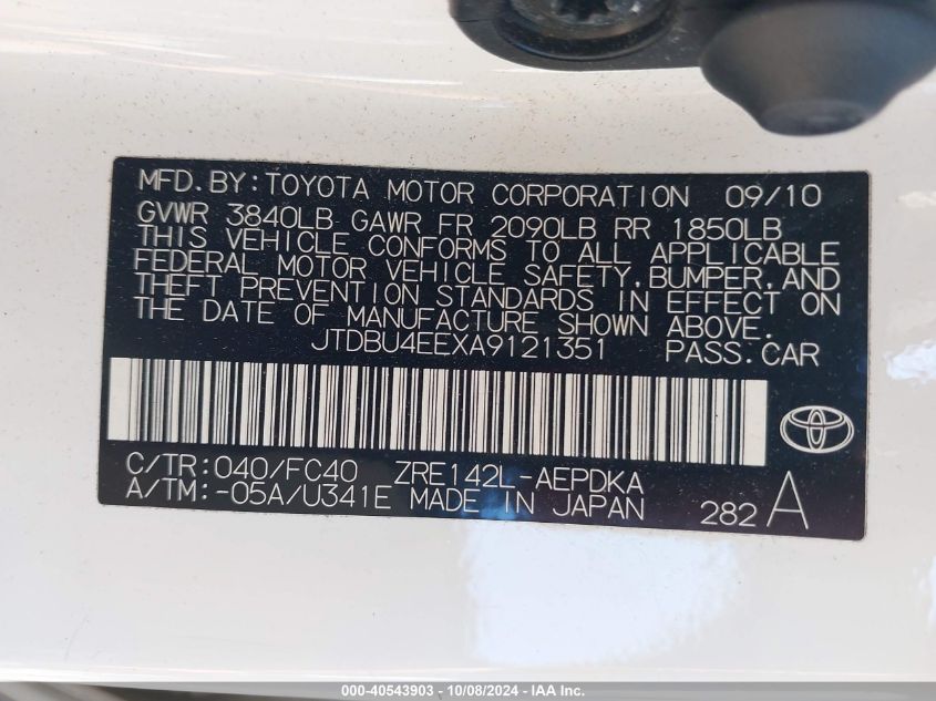 2010 Toyota Corolla Le VIN: JTDBU4EEXA9121351 Lot: 40543903