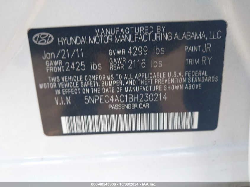 5NPEC4AC1BH230214 2011 Hyundai Sonata Se/Limited