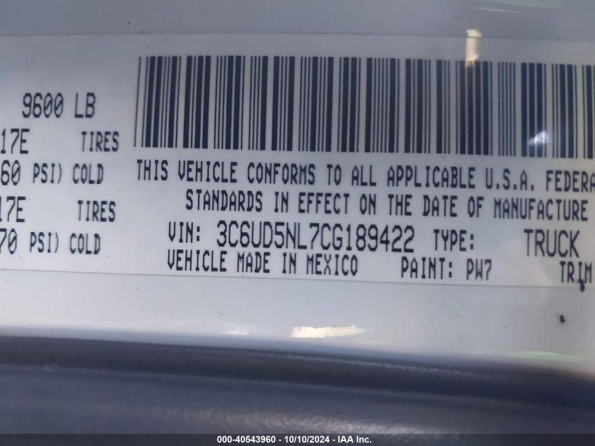 2012 Ram 2500 Laramie VIN: 3C6UD5NL7CG189422 Lot: 40543960