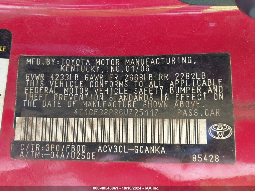 4T1CE38P86U725117 2006 Toyota Camry Solara Se