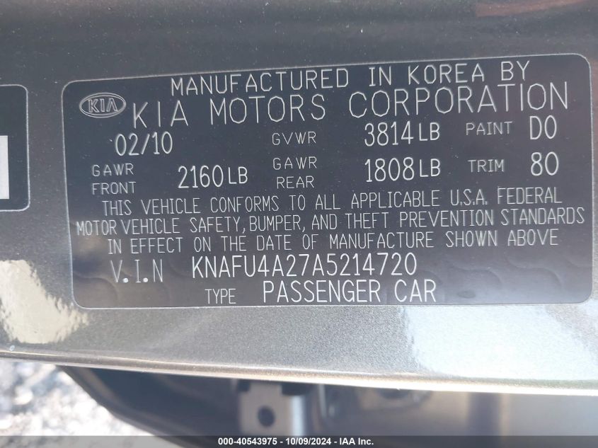 KNAFU4A27A5214720 2010 Kia Forte Ex