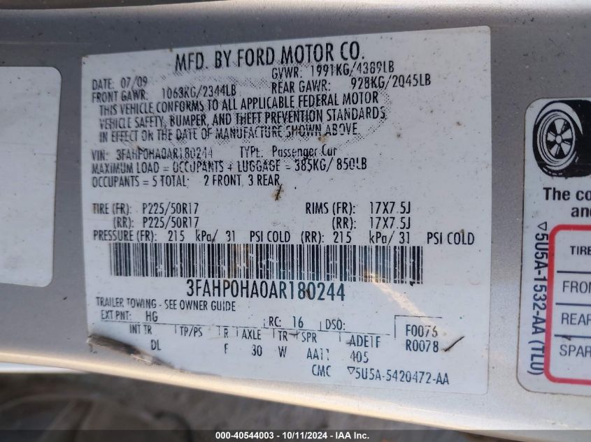 3FAHP0HA0AR180244 2010 Ford Fusion Se