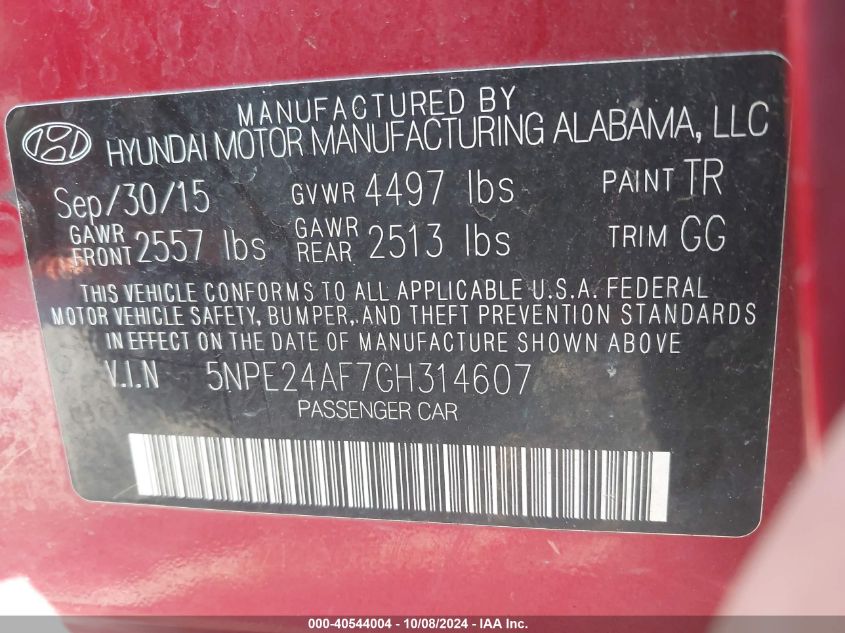 5NPE24AF7GH314607 2016 Hyundai Sonata Se