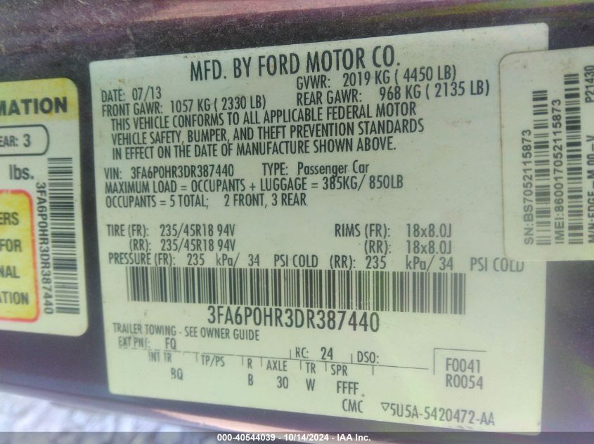 VIN 3FA6P0HR3DR387440 2013 Ford Fusion, SE no.9