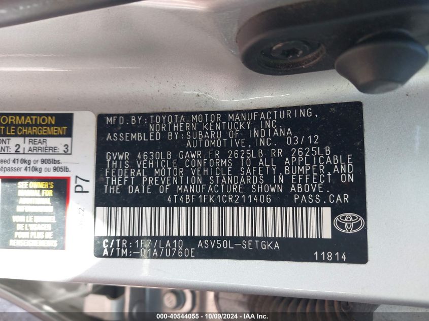 4T4BF1FK1CR211406 2012 Toyota Camry Se/Le/Xle