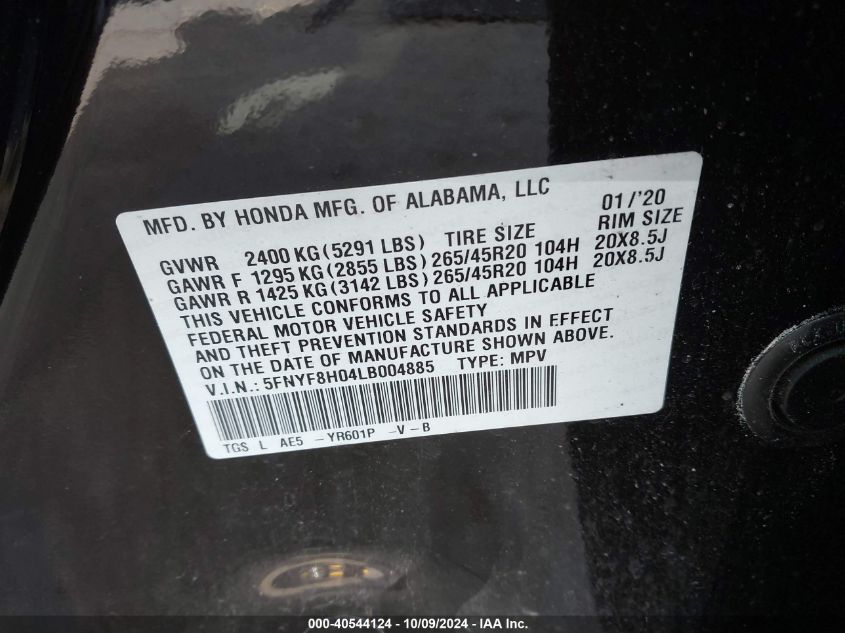 2020 Honda Passport Elite VIN: 5FNYF8H04LB004885 Lot: 40544124