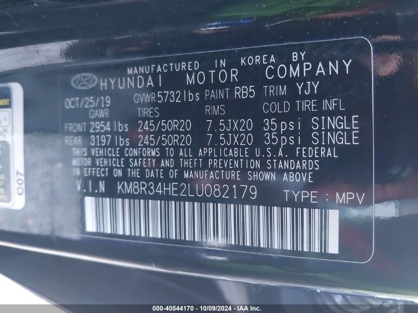 2020 Hyundai Palisade Sel VIN: KM8R34HE2LU082179 Lot: 40544170