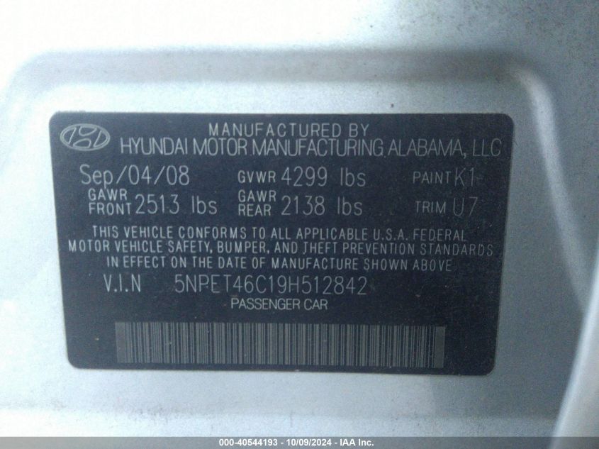 5NPET46C19H512842 2009 Hyundai Sonata Gls