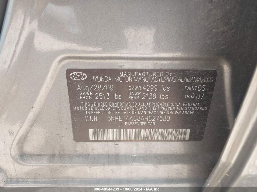 5NPET4AC8AH627580 2010 Hyundai Sonata Gls