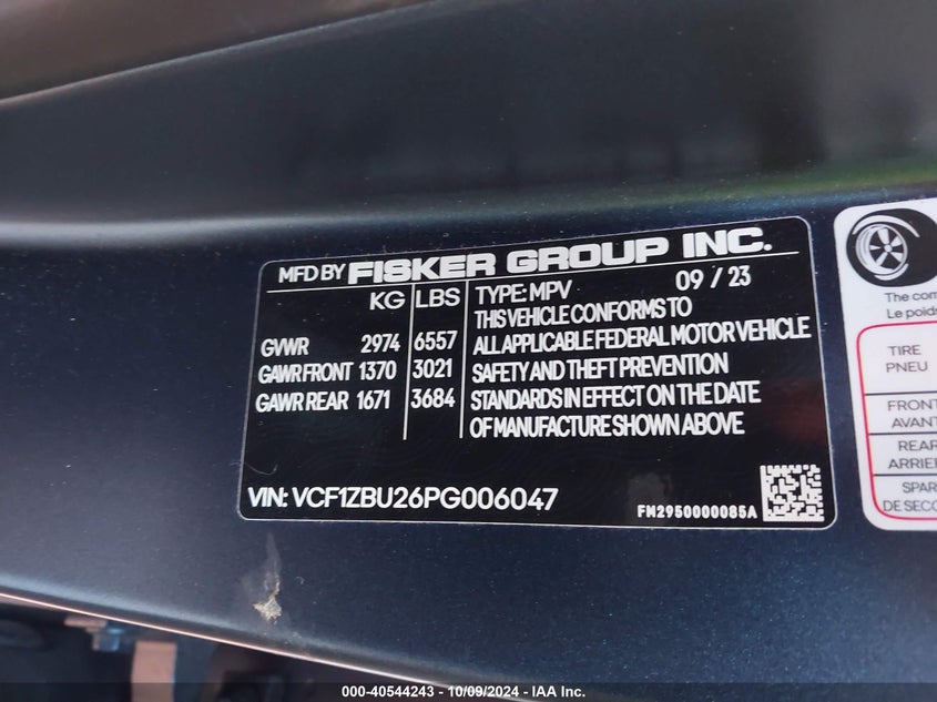 2023 FISKER OCEAN(VIN: VCF1ZBU26PG006047