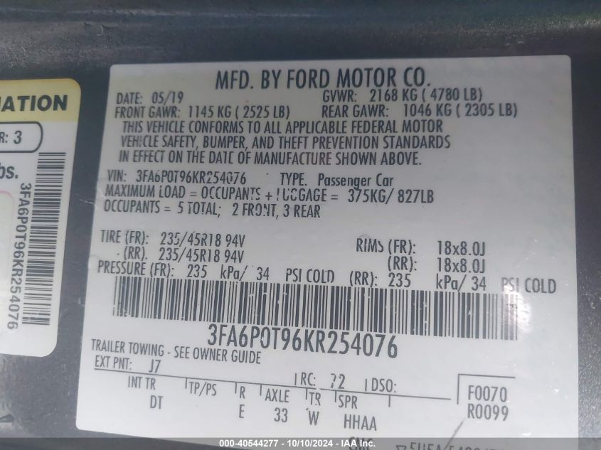 3FA6P0T96KR254076 2019 Ford Fusion Se