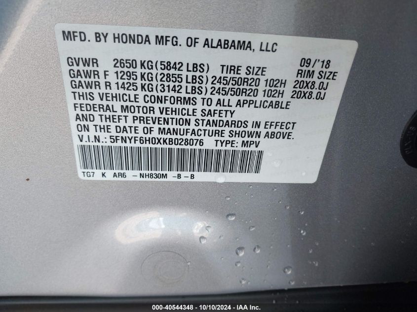 5FNYF6H0XKB028076 2019 Honda Pilot Elite