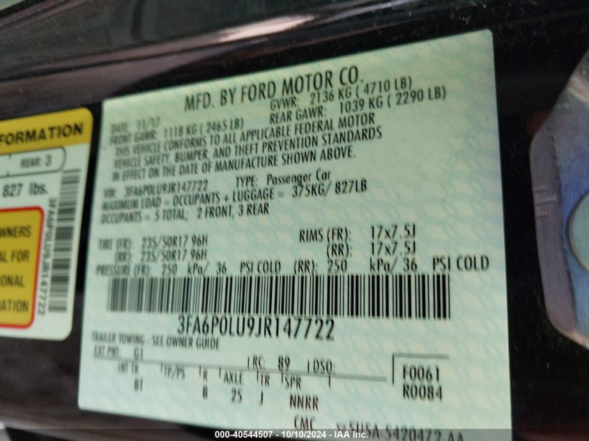 3FA6P0LU9JR147722 2018 Ford Fusion Hybrid Se