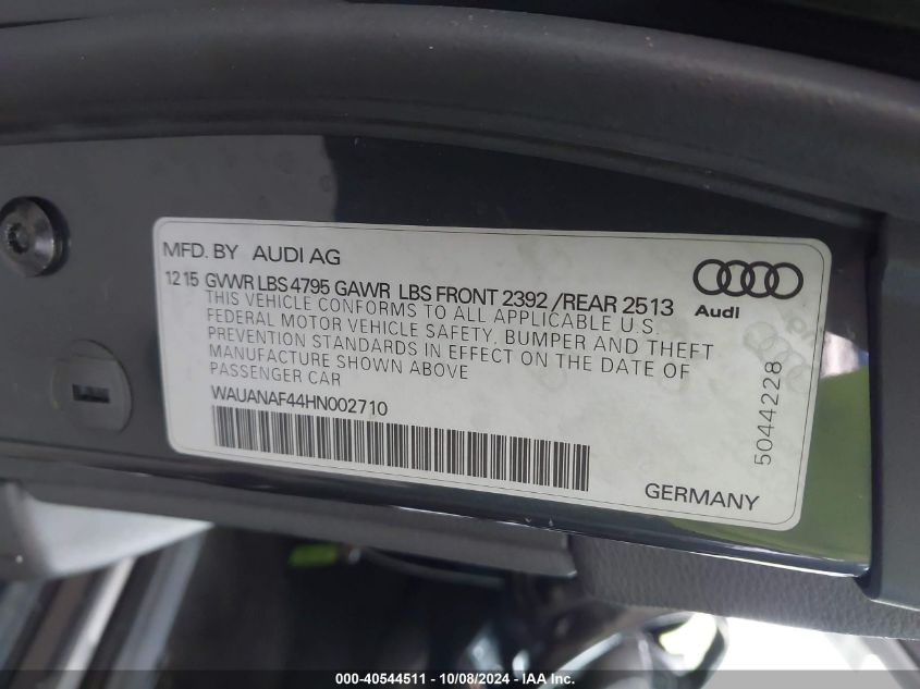 2017 Audi A4 Premium VIN: WAUANAF44HN002710 Lot: 40544511