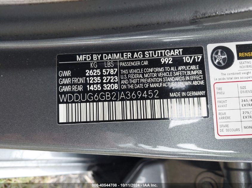 WDDUG6GB2JA369452 2018 Mercedes-Benz S 450 4Matic