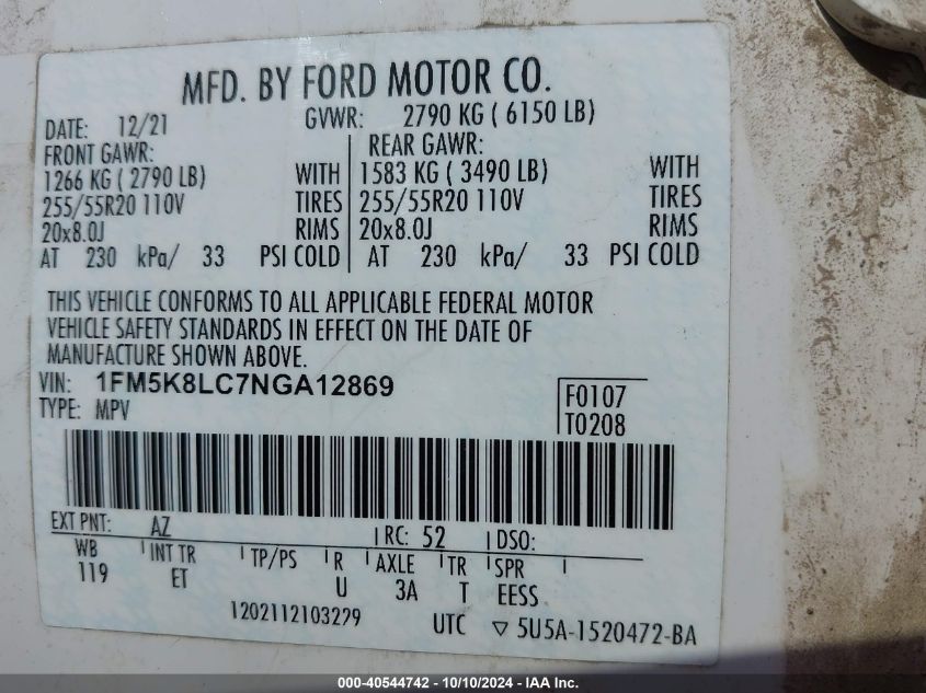 1FM5K8LC7NGA12869 2022 Ford Explorer King Ranch