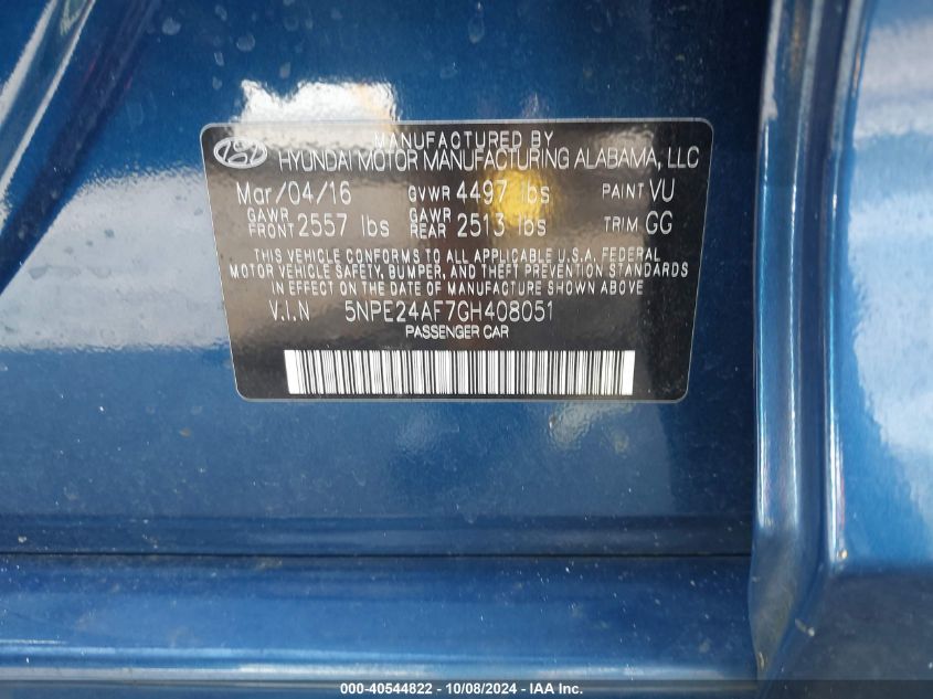 5NPE24AF7GH408051 2016 Hyundai Sonata Se