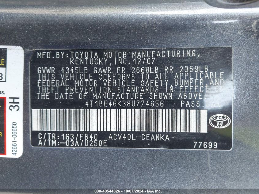 4T1BE46K38U774656 2008 Toyota Camry Le