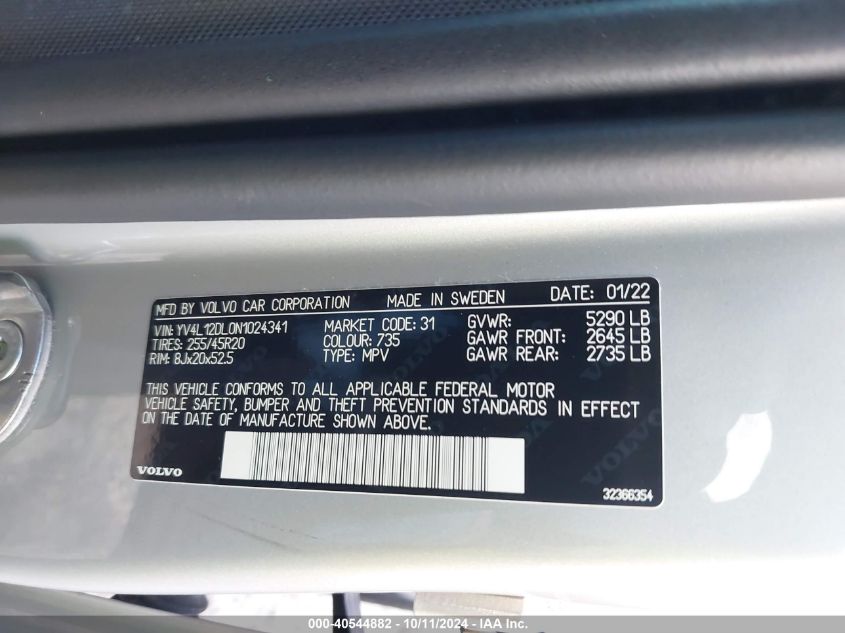 VIN YV4L12DL0N1024341 2022 Volvo XC60, B5 Inscription no.9