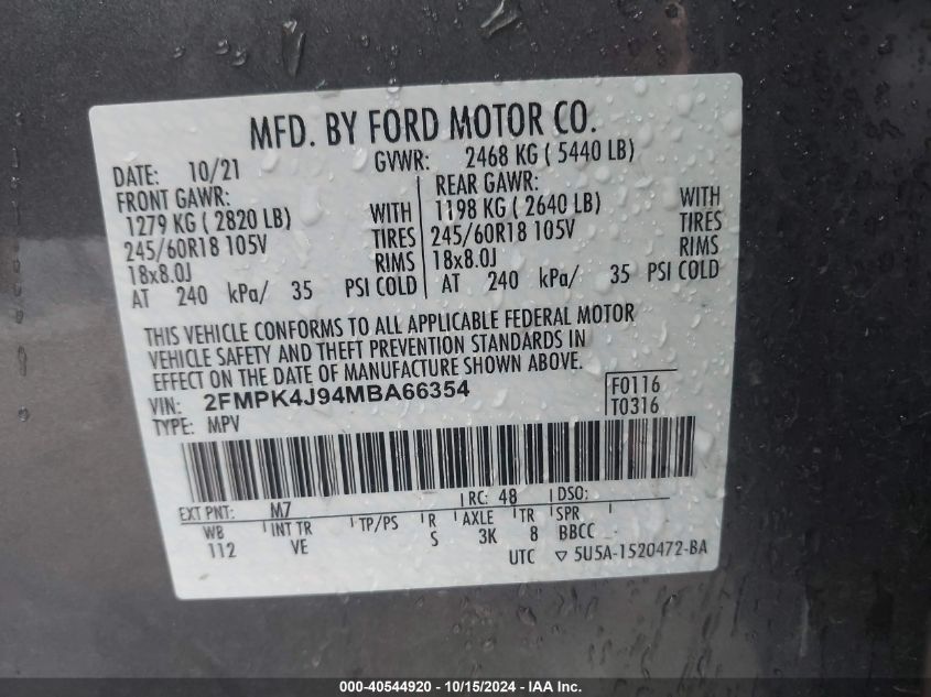 2021 Ford Edge Sel VIN: 2FMPK4J94MBA66354 Lot: 40544920