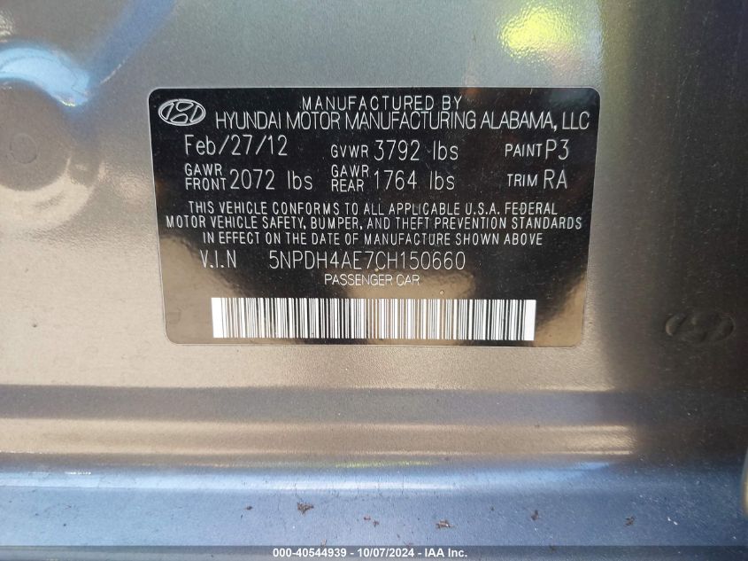 5NPDH4AE7CH150660 2012 Hyundai Elantra Gls