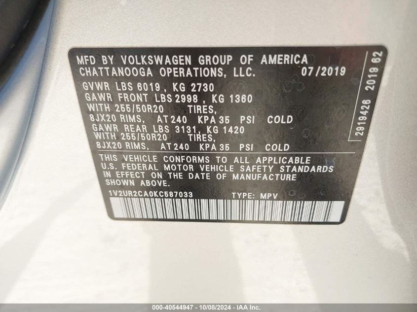 2019 Volkswagen Atlas 3.6L V6 Se W/Technology VIN: 1V2UR2CA0KC587033 Lot: 40544947