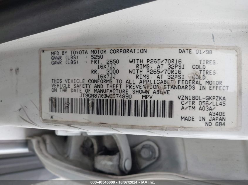 JT3GN87R9W0074890 1998 Toyota 4Runner Sr5 V6 Limited