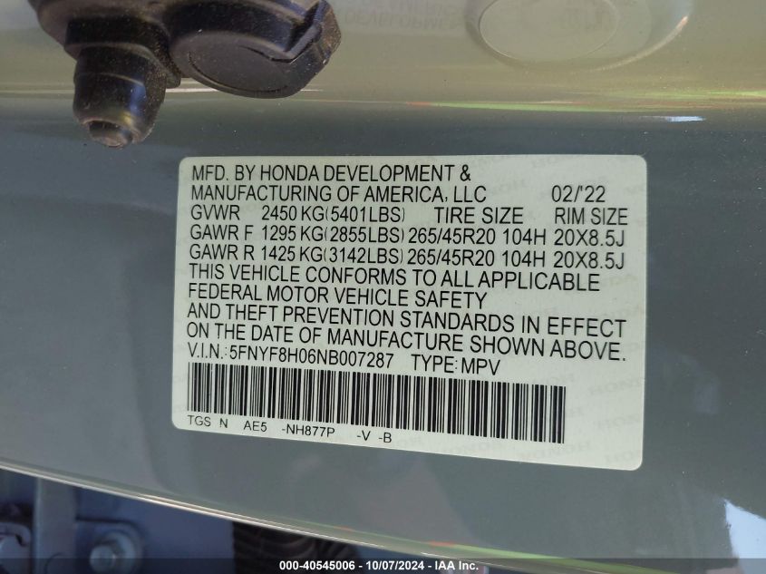 2022 Honda Passport Awd Elite VIN: 5FNYF8H06NB007287 Lot: 40545006