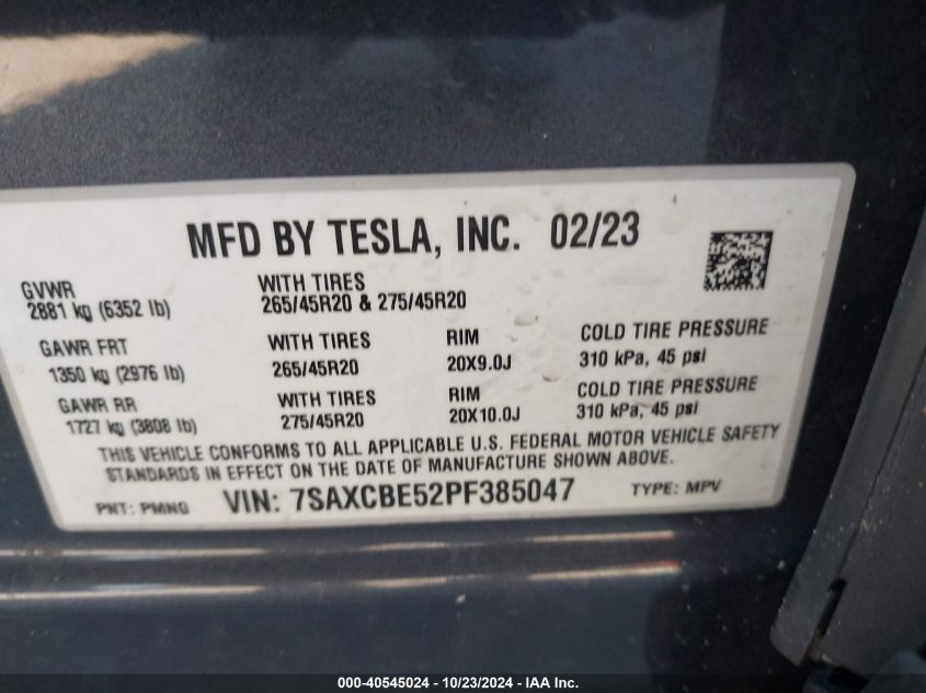 2023 Tesla Model X Dual Motor All-Wheel Drive/Standard Range VIN: 7SAXCBE52PF385047 Lot: 40545024