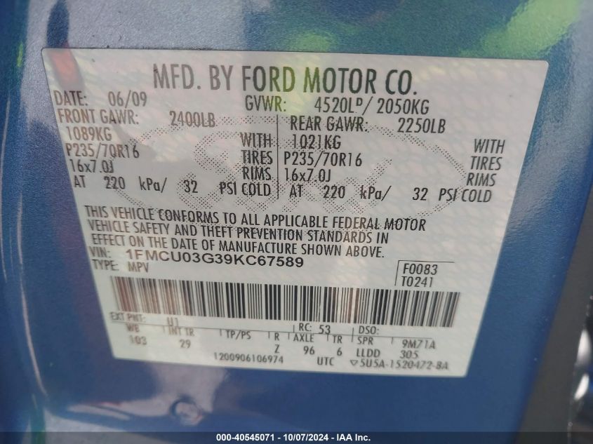 1FMCU03G39KC67589 2009 Ford Escape Xlt