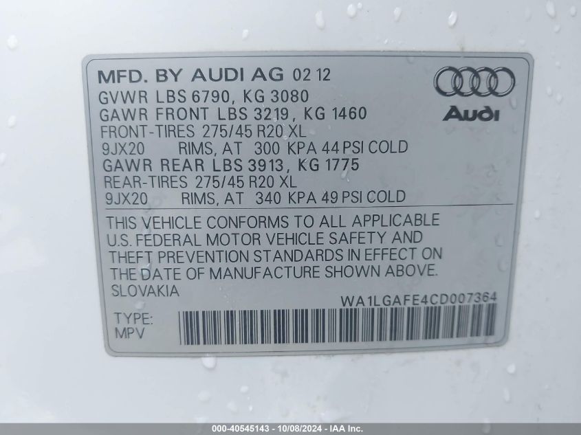 2012 Audi Q7 3.0T Premium VIN: WA1LGAFE4CD007364 Lot: 40545143