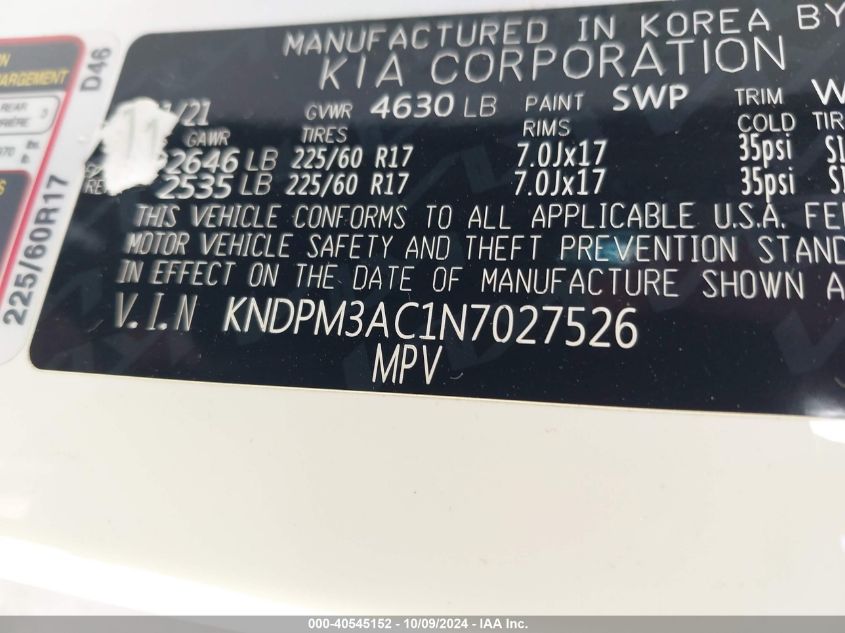 KNDPM3AC1N7027526 2022 Kia Sportage Lx