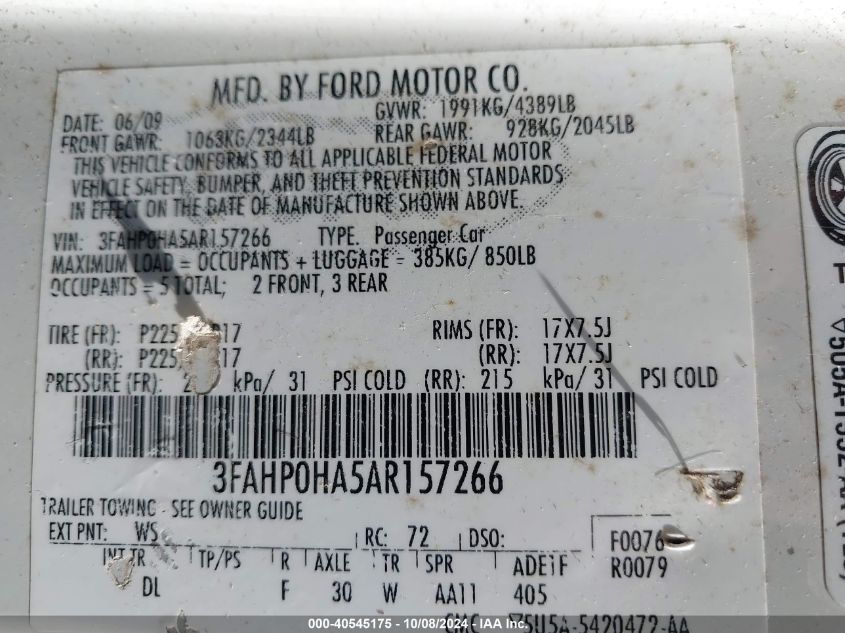 3FAHP0HA5AR157266 2010 Ford Fusion Se